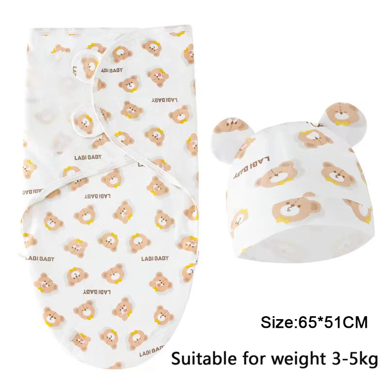 Ensemble de couverture et chapeau pour bébé de 0 à 6 mois, en coton imprimé de dessin animé, emmaillotage réglable pour nouveau-né, enveloppes de couchage pour nourrissons, toutes saisons