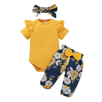 Ensemble de vêtements pour nouveau-né fille, body à manches courtes + pantalon à fleurs avec nœud + bandeau, tenues 3 pièces, vêtements pour bébé fille
