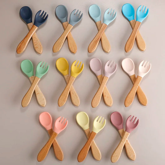 2 pièces/ensemble vaisselle bébé cuillère fourchette ensemble enfants Silicone bois alimentation formation bébé vaisselle couverts bébé alimentation fournitures