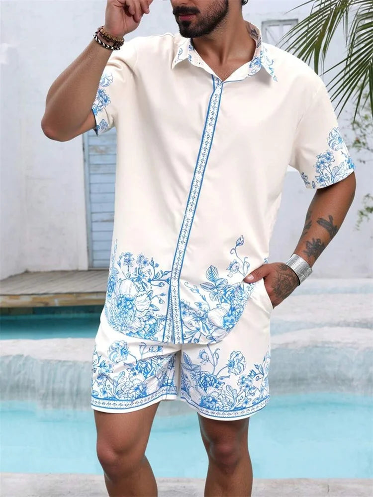 2025 Chemise à manches courtes pour hommes avec motif rétro imprimé bleu pour des vacances d'été décontractées, à la mode et quotidiennes