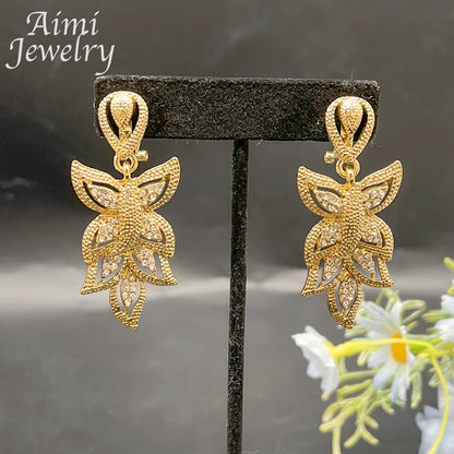 Ensemble de bijoux de luxe plaqué or 18 carats pour femmes, 4 pièces, collier, boucle d'oreille, Bracelet, bague, cadeaux de fête de mariage de mariée africaine