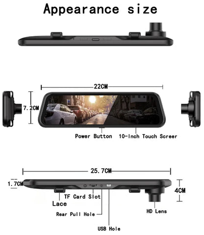 10 pouces pour voiture écran tactile enregistreur vidéo rétroviseur Dash Cam caméra avant et arrière miroir DVR (caméra arrière en option)