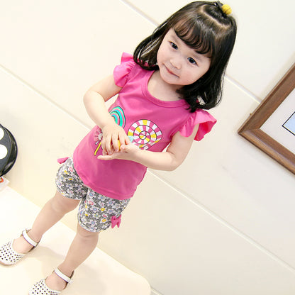 Nouveau bébé filles vêtements ensembles été enfants t-shirts hauts + pantalons courts vêtements costume enfant en bas âge fille sucette imprimé ensembles de vêtements pour bébés