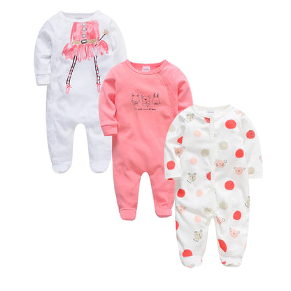 Ensemble de vêtements 100% coton pour bébés filles de 0 à 12 mois, barboteuse à manches longues pour nouveau-né garçon, combinaison imprimée Carton, printemps-automne, 3 pièces/lot