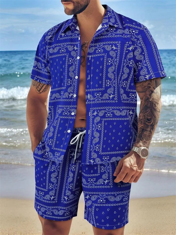 2025 Chemise à manches courtes pour hommes avec motif rétro imprimé bleu pour des vacances d'été décontractées, à la mode et quotidiennes