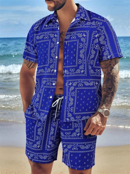 2025 Chemise à manches courtes pour hommes avec motif rétro imprimé bleu pour des vacances d'été décontractées, à la mode et quotidiennes
