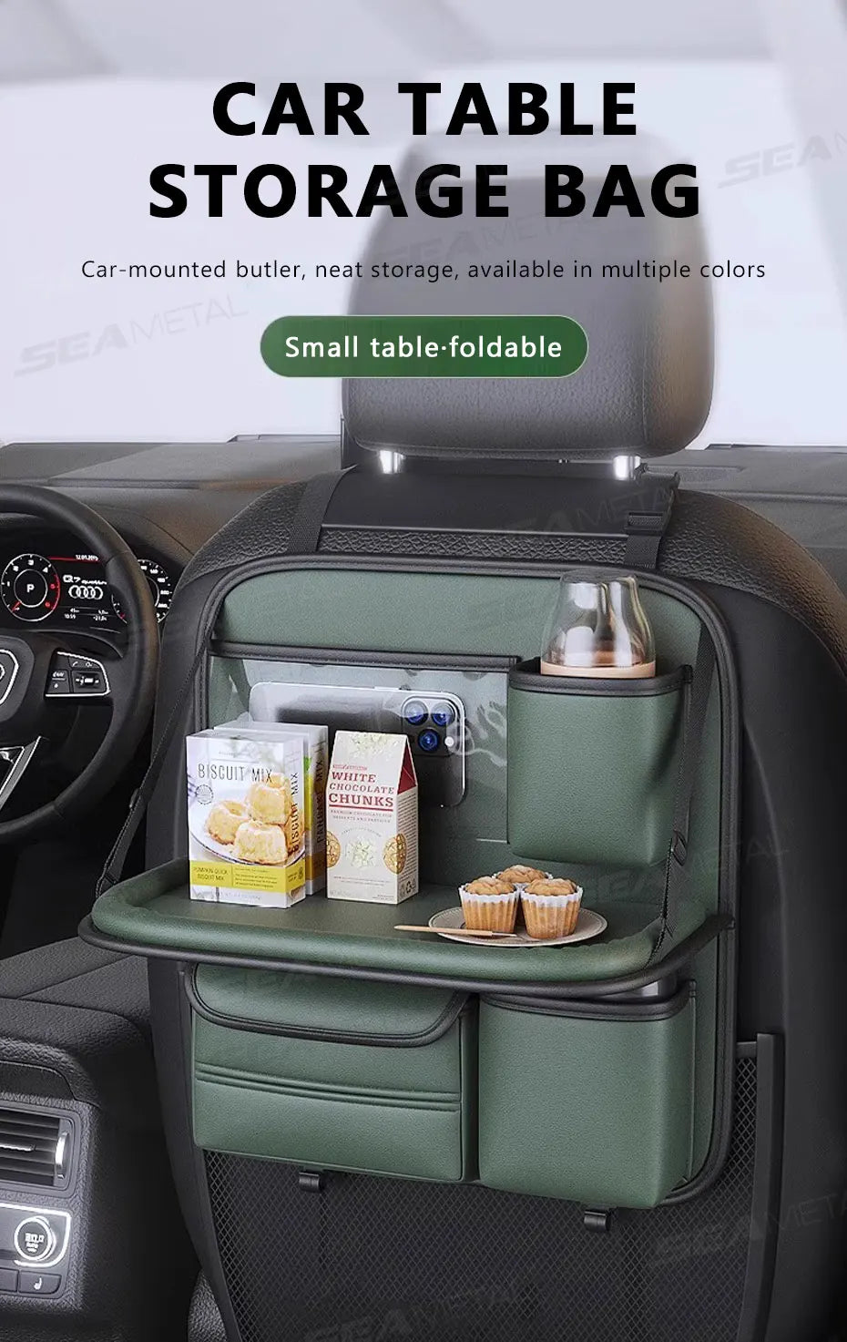 SEAMETAL 8 en 1 sac de rangement pour dossier de siège de voiture avec plateau pliable résistant à l'usure étanche organisateur de siège arrière de voiture porte-mouchoirs/gobelet