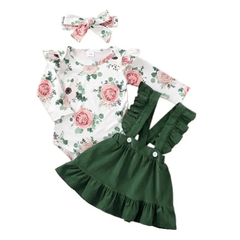 Ensemble de vêtements 3 pièces pour nouveau-né fille, haut floral à manches longues, jupe à bretelles, vêtements de sauna, mode printemps et automne, 0 à 12 mois, 03 tenue