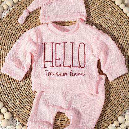 Ylsteed "bonjour" broderie nouveau-né photographie accessoires infantile barboteuse combinaison avec chapeau à nœud bébé à la maison tenue bébé Photo cadeau