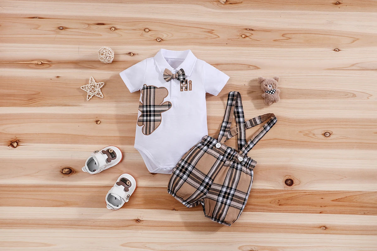 IURNXB – ensemble de vêtements pour bébé, 2 pièces, manches courtes, body ours à carreaux + pantalon à bretelles, tenues pour nouveau-né de 1 à 18 mois