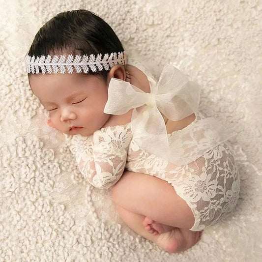 Ylsteed – ensemble 2 pièces pour nouveau-né, barboteuse en dentelle, tenues de photographie pour nourrissons avec bandeau assorti, accessoires de prise de vue Photo pour bébé fille