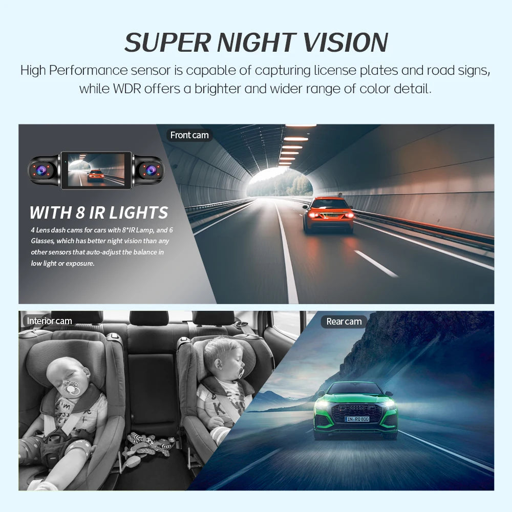 Caméra de tableau de bord DVR pour voiture, 64 go, 360 degrés, WiFi, GPS, moniteur de stationnement 24h, 4 objectifs * HD 1080P, enregistreur vidéo, contrôle par application, outil filaire