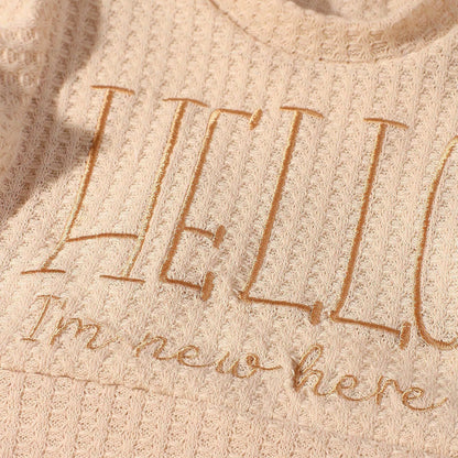 Ylsteed "bonjour" broderie nouveau-né photographie accessoires infantile barboteuse combinaison avec chapeau à nœud bébé à la maison tenue bébé Photo cadeau