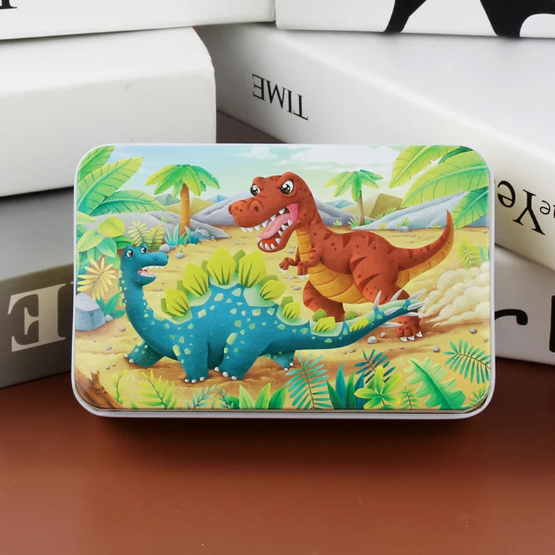 Puzzle de dessin animé 60 pièces avec boîte en métal, Puzzle de véhicule Animal d'éducation précoce pour enfants, jeu d'interaction Parent-enfant