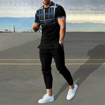 Ensemble de survêtement à manches courtes pour hommes, t-shirt décontracté, olympiques Y-pantalon, vêtements à col rond, mode sportive, fjCasual, 2 pièces