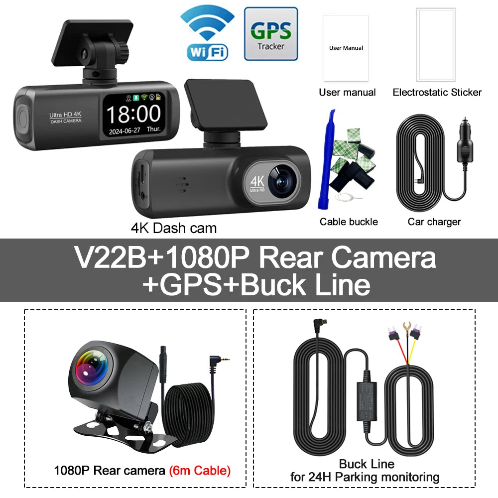 UHD 4K WiFi Dash Cam double objectif enregistreur de conduite voiture DVR en option 1080P caméra à objectif arrière GPS 24H surveillance du stationnement boîte noire
