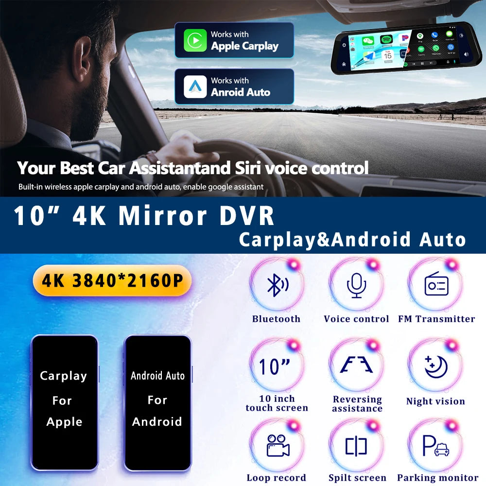 10 "Cam de tableau de bord 4K 3840*2160P voiture Dvr Carplay Android Auto GPS 5G WIFI AUX flux rétroviseur Dashcam caméra lecteur enregistreur FM