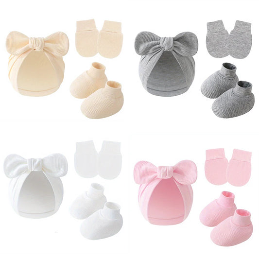 3 pièces/ensemble bébé nœud chapeau gants chaussettes coton nouveau-né Bonnet couleur unie Bonnet pour filles garçons infantile douche cadeaux 0-6M