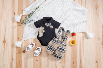 IURNXB – ensemble de vêtements pour bébé, 2 pièces, manches courtes, body ours à carreaux + pantalon à bretelles, tenues pour nouveau-né de 1 à 18 mois