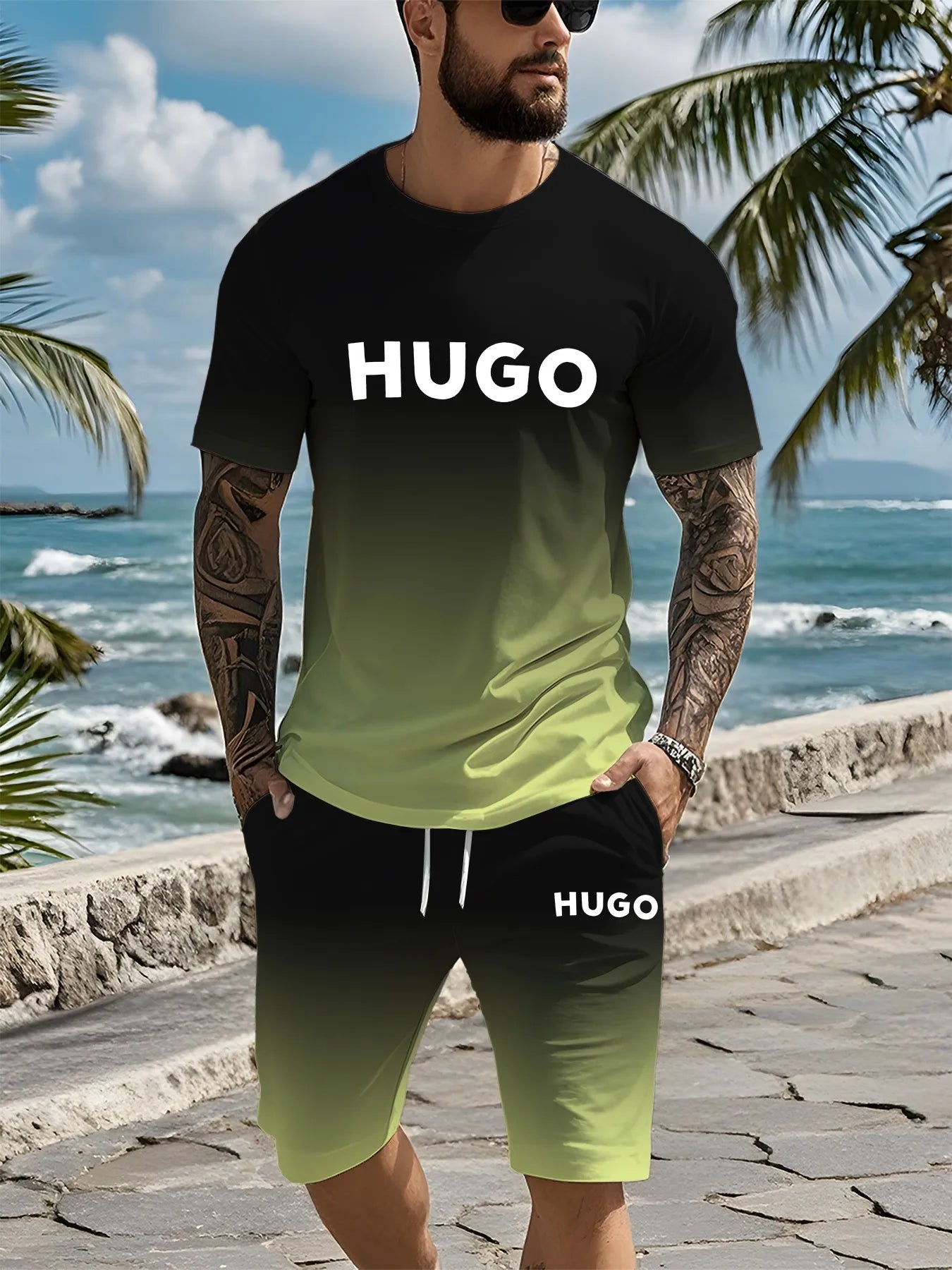 Un tout nouveau ensemble de vêtements pour hommes imprimés numériques en 3D de marque tendance d'été, un vêtement décontracté à la mode adapté aux hommes et aux femmes, bre