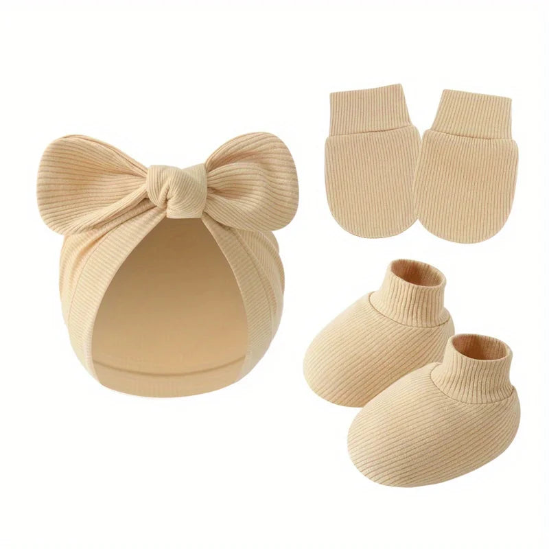 3 pièces/ensemble bébé nœud chapeau gants chaussettes coton nouveau-né Bonnet couleur unie Bonnet pour filles garçons infantile douche cadeaux 0-6M