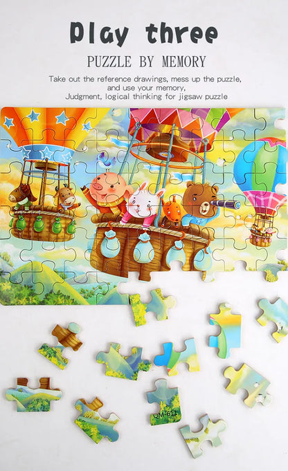 Puzzle de dessin animé 60 pièces avec boîte en métal, Puzzle de véhicule Animal d'éducation précoce pour enfants, jeu d'interaction Parent-enfant