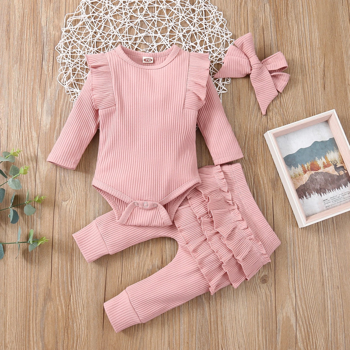 3 pièces bébé fille tenue ensemble nouveau-né enfant en bas âge enfants ensemble de vêtements bébé filles dentelle volants coton body + pantalon + bandeau vêtements