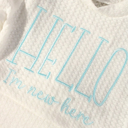 Ylsteed "bonjour" broderie nouveau-né photographie accessoires infantile barboteuse combinaison avec chapeau à nœud bébé à la maison tenue bébé Photo cadeau