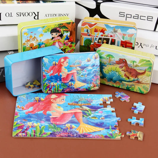 Puzzle de dessin animé 60 pièces avec boîte en métal, Puzzle de véhicule Animal d'éducation précoce pour enfants, jeu d'interaction Parent-enfant