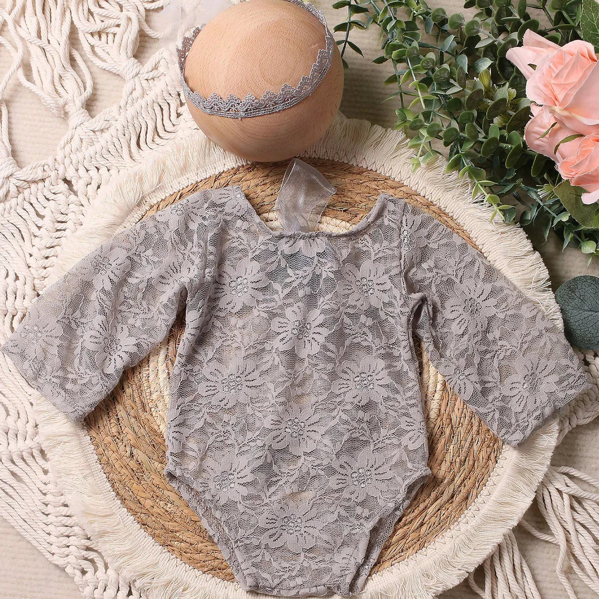 Ylsteed – ensemble 2 pièces pour nouveau-né, barboteuse en dentelle, tenues de photographie pour nourrissons avec bandeau assorti, accessoires de prise de vue Photo pour bébé fille