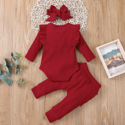 3 pièces bébé fille tenue ensemble nouveau-né enfant en bas âge enfants ensemble de vêtements bébé filles dentelle volants coton body + pantalon + bandeau vêtements