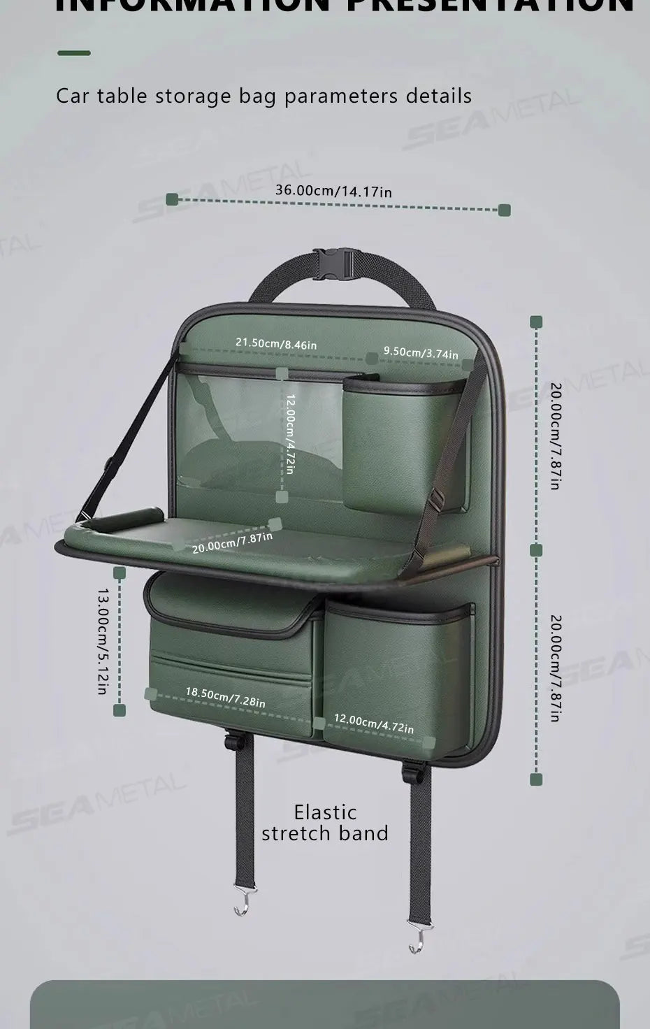 SEAMETAL 8 en 1 sac de rangement pour dossier de siège de voiture avec plateau pliable résistant à l'usure étanche organisateur de siège arrière de voiture porte-mouchoirs/gobelet