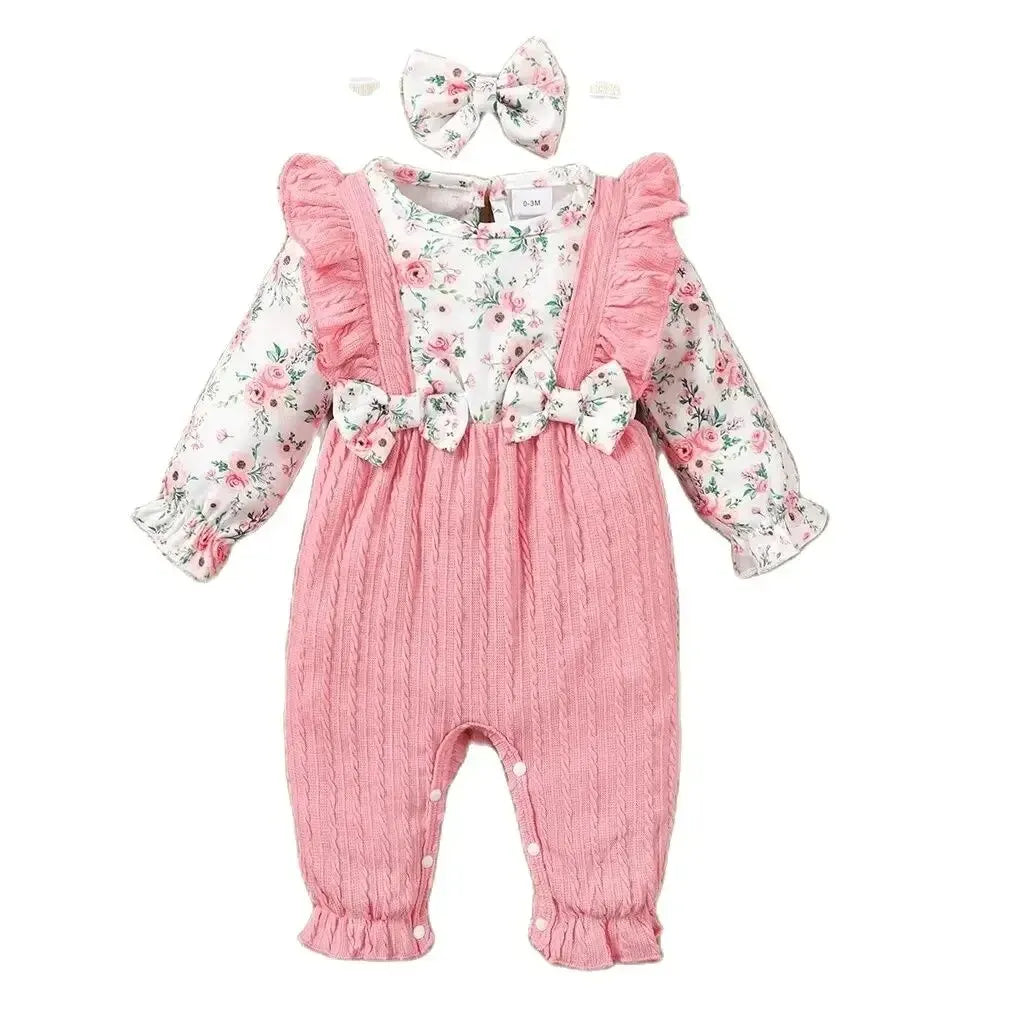 Barboteuse florale à manches longues pour nouveau-né, combinaison de batterie avec nœud, bande de sauna, bébé fille, bébé, 0 à 18 mois, printemps et automne