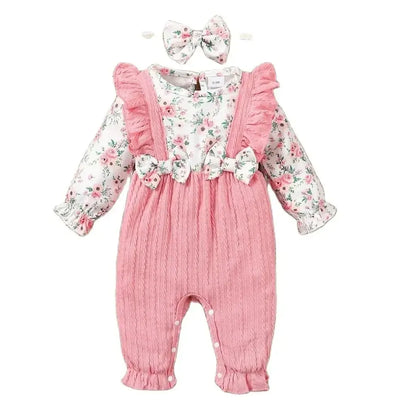 Barboteuse florale à manches longues pour nouveau-né, combinaison de batterie avec nœud, bande de sauna, bébé fille, bébé, 0 à 18 mois, printemps et automne