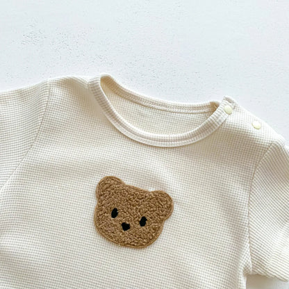 Combinaison d'été pour bébés filles et garçons, manches courtes, Patch gaufré, ours, nouveau-né, barboteuse en coton, chapeau cadeau avec oreille, nouvelle collection