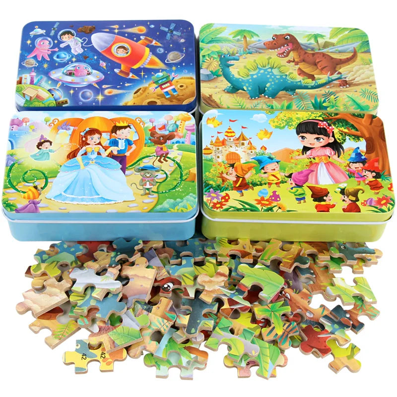 Puzzle de dessin animé 60 pièces avec boîte en métal, Puzzle de véhicule Animal d'éducation précoce pour enfants, jeu d'interaction Parent-enfant