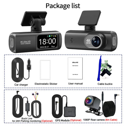 UHD 4K WiFi Dash Cam double objectif enregistreur de conduite voiture DVR en option 1080P caméra à objectif arrière GPS 24H surveillance du stationnement boîte noire