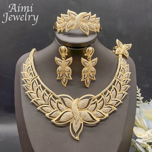 Ensemble de bijoux de luxe plaqué or 18 carats pour femmes, 4 pièces, collier, boucle d'oreille, Bracelet, bague, cadeaux de fête de mariage de mariée africaine