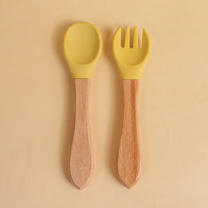 2 pièces/ensemble vaisselle bébé cuillère fourchette ensemble enfants Silicone bois alimentation formation bébé vaisselle couverts bébé alimentation fournitures