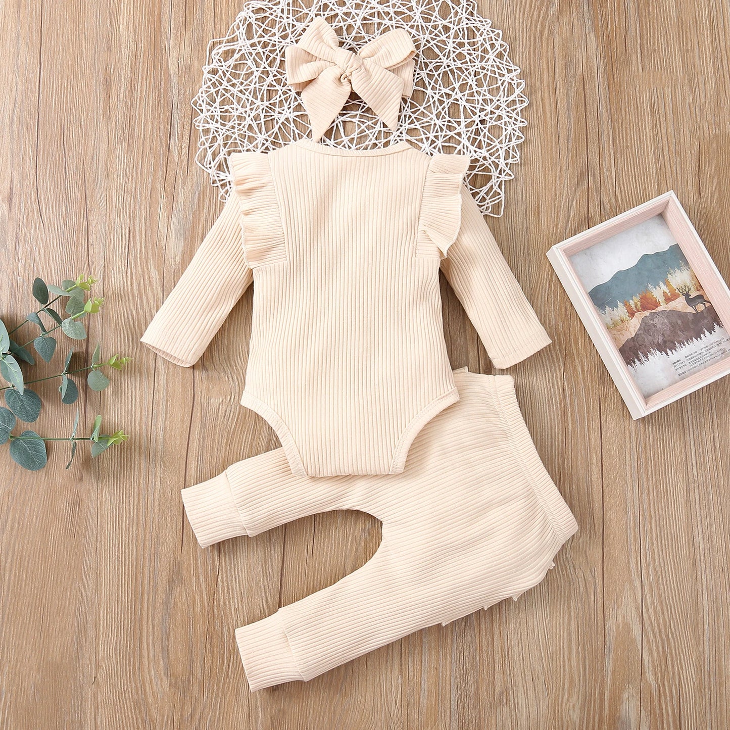 3 pièces bébé fille tenue ensemble nouveau-né enfant en bas âge enfants ensemble de vêtements bébé filles dentelle volants coton body + pantalon + bandeau vêtements