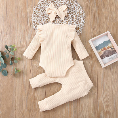 3 pièces bébé fille tenue ensemble nouveau-né enfant en bas âge enfants ensemble de vêtements bébé filles dentelle volants coton body + pantalon + bandeau vêtements