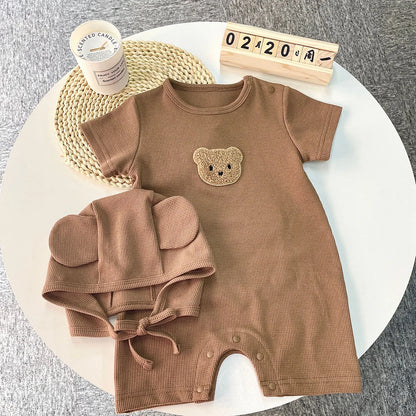 Combinaison d'été pour bébés filles et garçons, manches courtes, Patch gaufré, ours, nouveau-né, barboteuse en coton, chapeau cadeau avec oreille, nouvelle collection