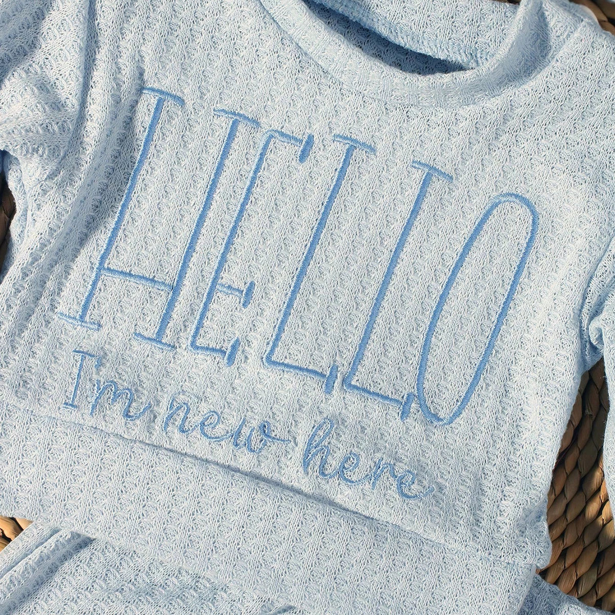 Ylsteed "bonjour" broderie nouveau-né photographie accessoires infantile barboteuse combinaison avec chapeau à nœud bébé à la maison tenue bébé Photo cadeau