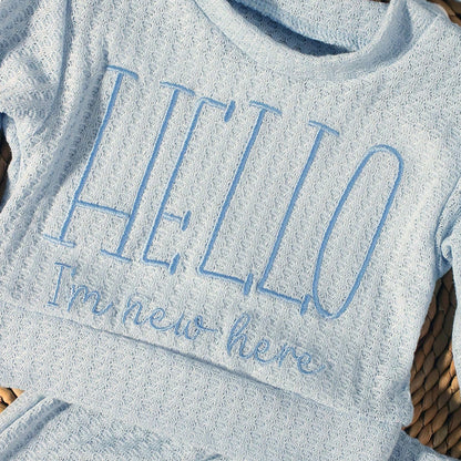 Ylsteed "bonjour" broderie nouveau-né photographie accessoires infantile barboteuse combinaison avec chapeau à nœud bébé à la maison tenue bébé Photo cadeau
