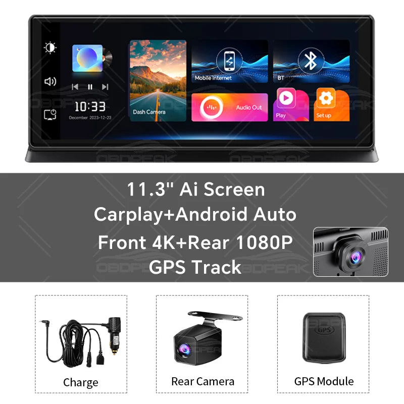 Caméra de tableau de bord sans fil pour voiture, K2 Pro, DVR 4K, Carplay, Android Auto, écran AI, enregistreur vidéo Len pour touristes, navigation GPS, tableau Prada, 11.3 pouces