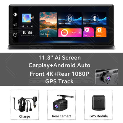 Caméra de tableau de bord sans fil pour voiture, K2 Pro, DVR 4K, Carplay, Android Auto, écran AI, enregistreur vidéo Len pour touristes, navigation GPS, tableau Prada, 11.3 pouces