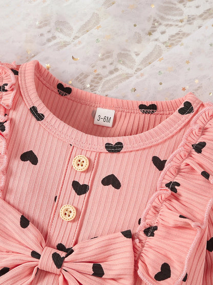Kukitty – ensemble de vêtements 3 pièces pour nouveau-né fille, barboteuse à manches longues, imprimé cœur, haut et pantalon, bandeau, tenues en tricot