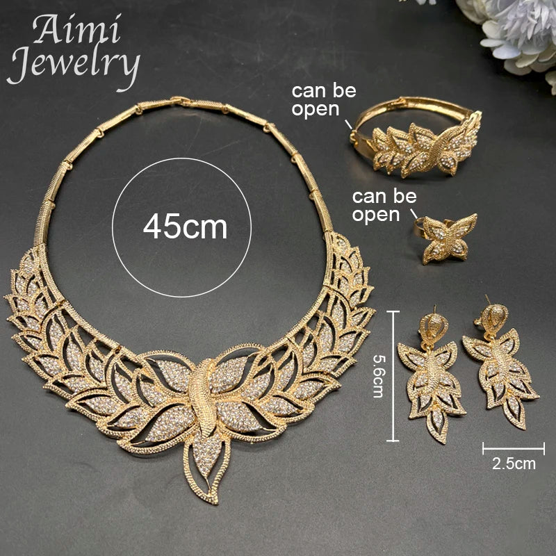 Ensemble de bijoux de luxe plaqué or 18 carats pour femmes, 4 pièces, collier, boucle d'oreille, Bracelet, bague, cadeaux de fête de mariage de mariée africaine