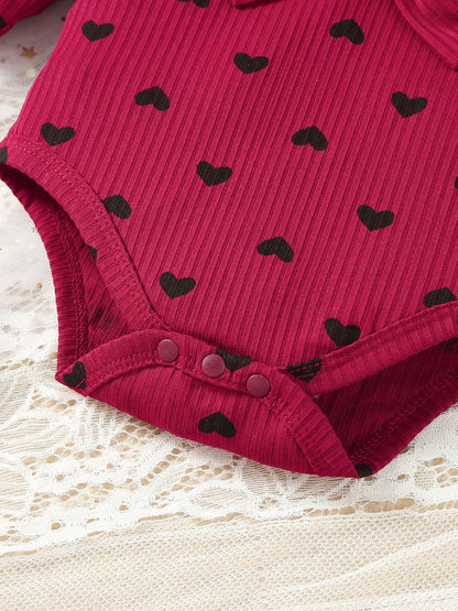 Kukitty – ensemble de vêtements 3 pièces pour nouveau-né fille, barboteuse à manches longues, imprimé cœur, haut et pantalon, bandeau, tenues en tricot