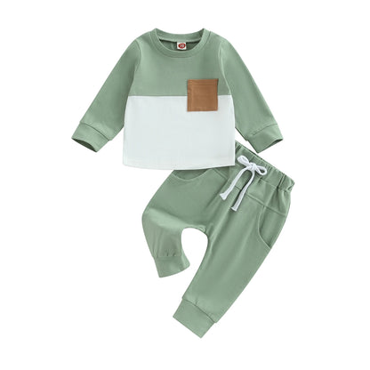 Survêtement d'hiver 2 pièces pour bébé, tenues pour garçons en bas âge, couleur contrastée, sweat-shirt à manches longues, hauts et pantalons longs, ensemble de vêtements pour tout-petits